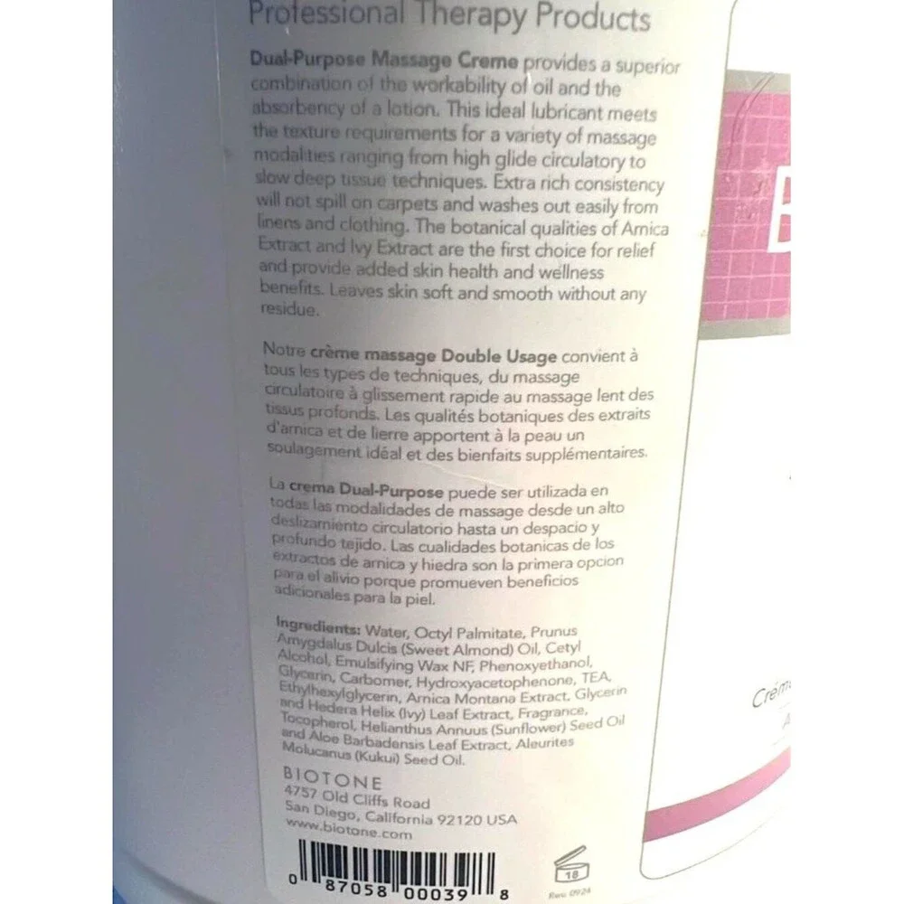 Biotone Dual‑Purpose Massage Creme 128 oz – Arnica & Ivy Extracts – New